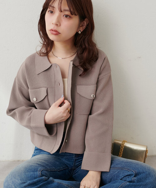 natural couture アウター 片畦衿付きニットジャケット レディース 