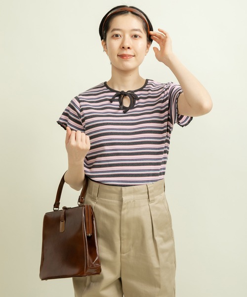 tシャツ マルチボーダーテレコ パイピングリボンプルオーバー レディース