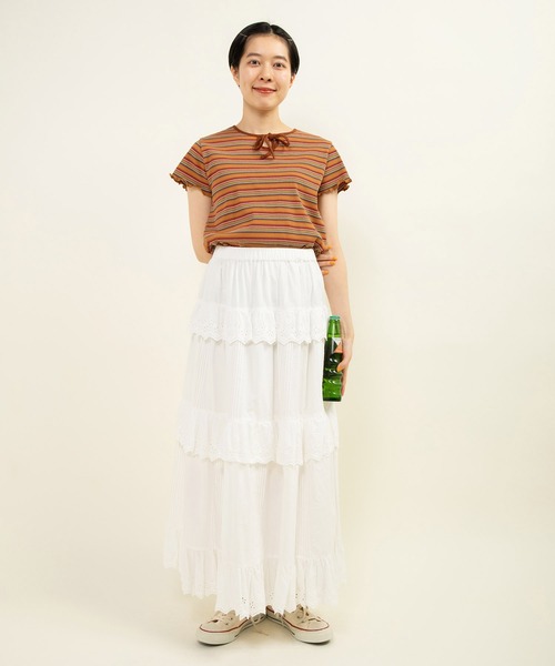 CHILD WOMAN tシャツ マルチボーダーテレコ パイピングリボン
