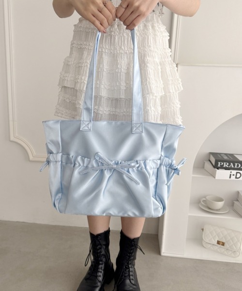 水色サテンキルトリボンボディバッグ　nohi Loueme トートバッグ メニーポケットリボンサテンバッグ レディース