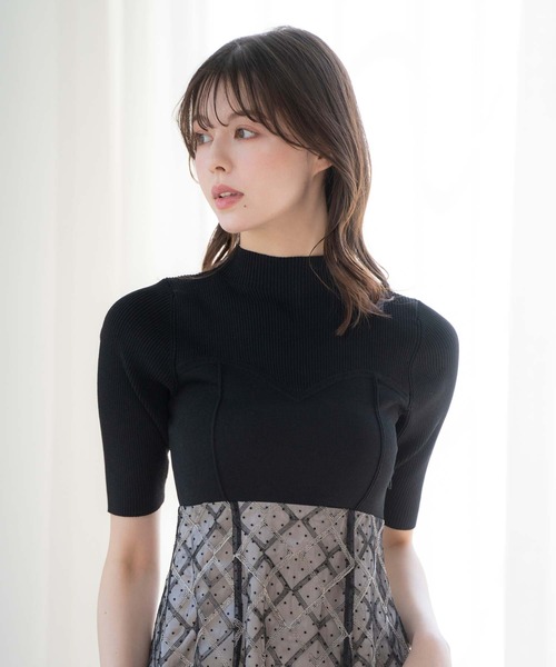 Noela ワンピース ラメチェックハーフスリーブドッキングニット