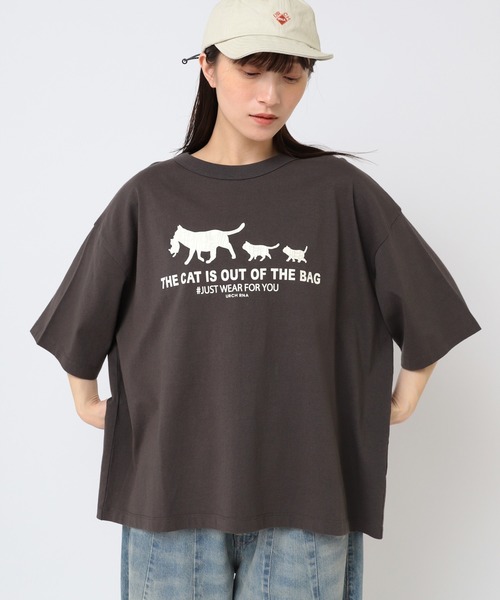 tシャツ M2429 ネコをバッグからプリント半Ｔ レディース