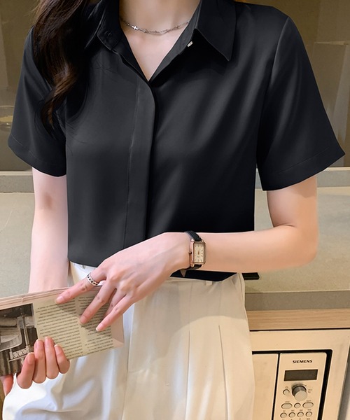 ブラウス シャツ マットサテン タックシャツ レディース タックデザインサテンブラウス/洗える(ブラウス・シャツ