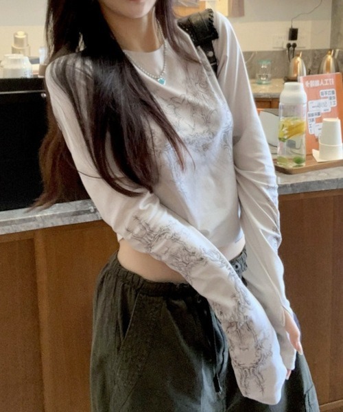 MASHIRO tシャツ 「MASHIRO」Y2Kデザインプリント長袖カットソー Y2K