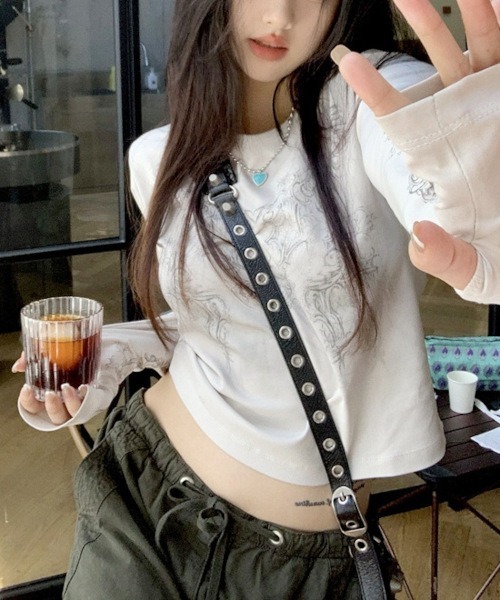 MASHIRO tシャツ 「MASHIRO」Y2Kデザインプリント長袖カットソー Y2K