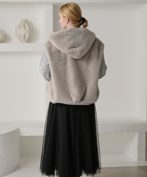 ZAKKA-BOX エコファー フード付きベスト ライトグレー ZAKKA-BOX