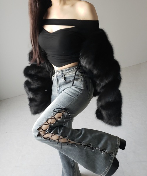 み*送様 me+em select カットアウトリボンストレッチフレアデニム ブ アパレルブランドme+em select ミームセレクト | cutout ribbon