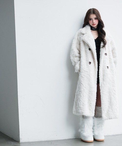 バルマン　ラムレザー　ファー　ロングコート　ホワイト系 VEILA コート チェスターコート フェイクファーロングコート