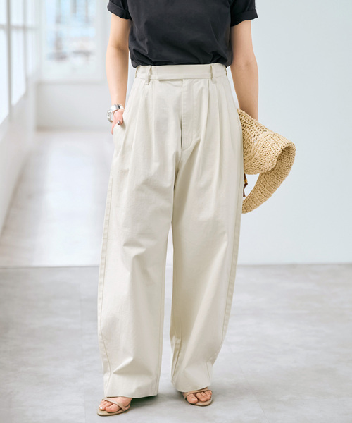 ワイドパンツ スラックス パンツ コットンサテンタックカーブパンツ レディースの画像