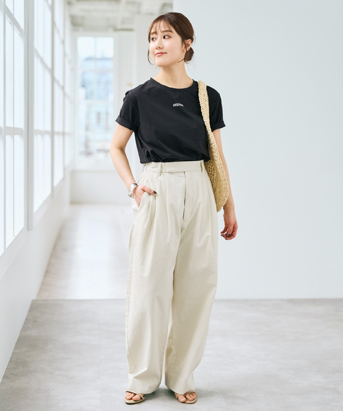 ワイドパンツ スラックス パンツ コットンサテンタックカーブパンツ レディースの画像