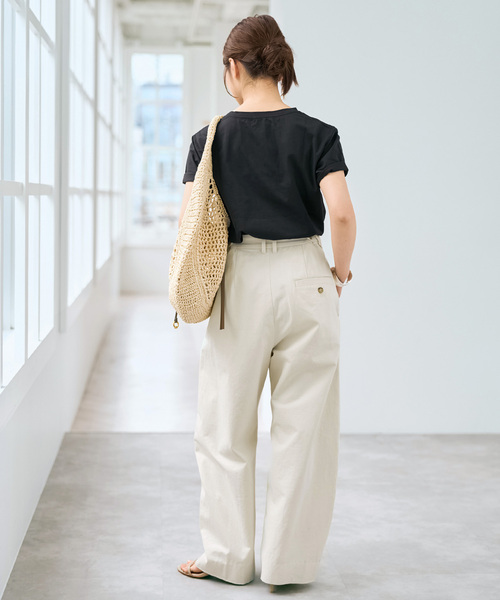 ワイドパンツ スラックス パンツ コットンサテンタックカーブパンツ レディースの画像