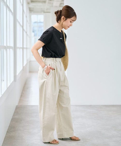 ワイドパンツ スラックス パンツ コットンサテンタックカーブパンツ レディースの画像