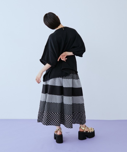 スカート ドット×チェック切替ロングスカートの画像