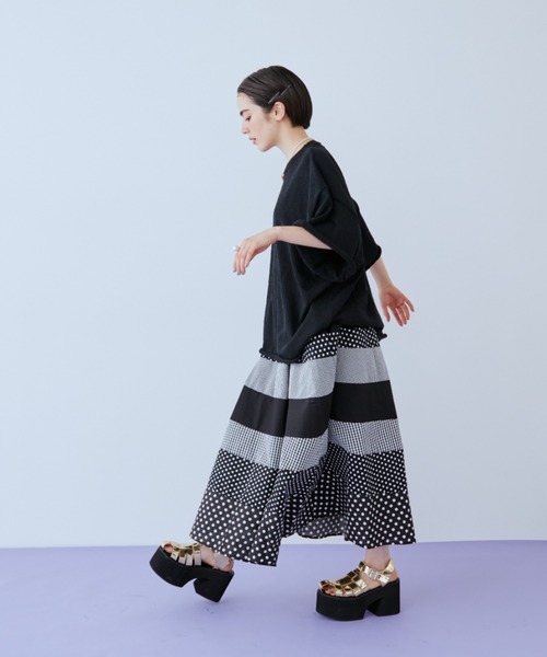 スカート ドット×チェック切替ロングスカートの画像