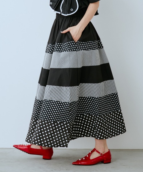 スカート ドット×チェック切替ロングスカートの画像