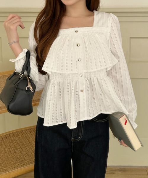Ada. ブラウス シャツ 透かし編み スクエアネック ペプラム トップス
