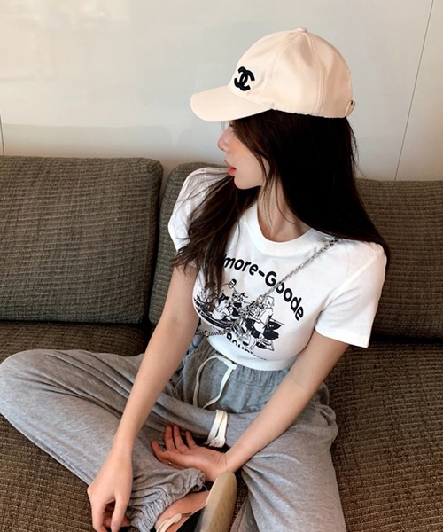shopnikoniko tシャツ ロゴプリント クロップド丈 チビ Tシャツ