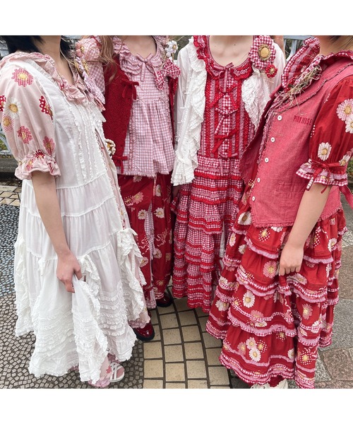 超希少✨新品同様♡2023 PINK HOUSE ひな菊　ピコフリル　ワンピース PINK HOUSE ワンピース ひな菊コサージュプリントパッチワーク
