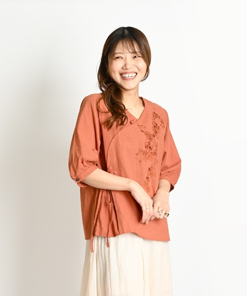 tシャツ 無地 花柄 刺繍 チャイナシャツ 5分袖 レディース