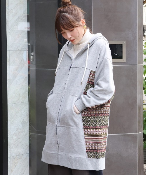 パーカー ジャガードコンビスウェットロングパーカー レディース