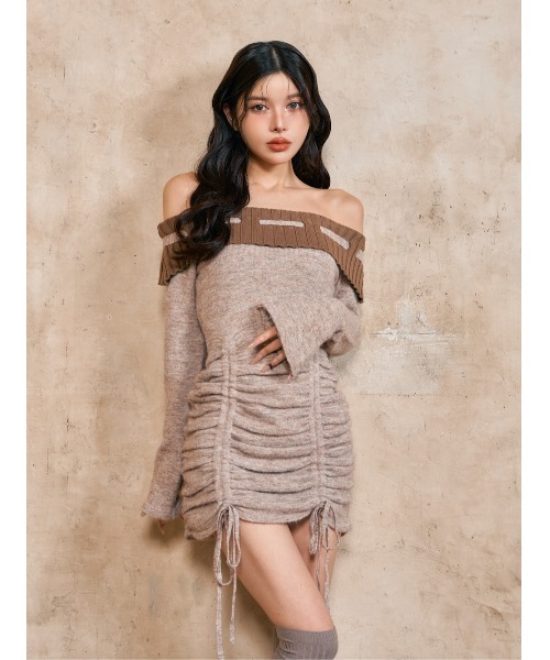 ダーリッチ Darich オフショルステッチニットミニワンピース Darich ワンピース オフショルステッチニットミニワンピース