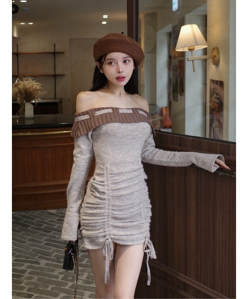 ダーリッチ Darich オフショルステッチニットミニワンピース Darich ワンピース オフショルステッチニットミニワンピース