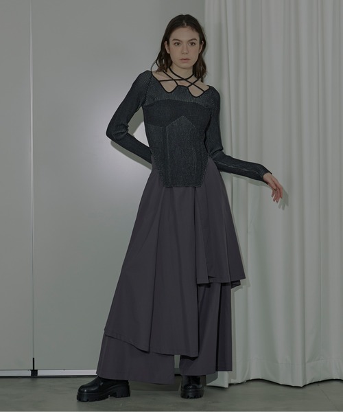 ゆみ　新品　ella ワイドベルトスリットパンツ　グレー Ezick パンツ Irrehem layered ベルトワイドパンツ レディース