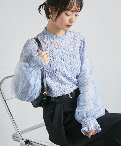 ドゥロワー　レースブラウス 長袖 ブルー RANAN（ラナン） ブラウス シャツ 入学式 チュールドッキングフラワー
