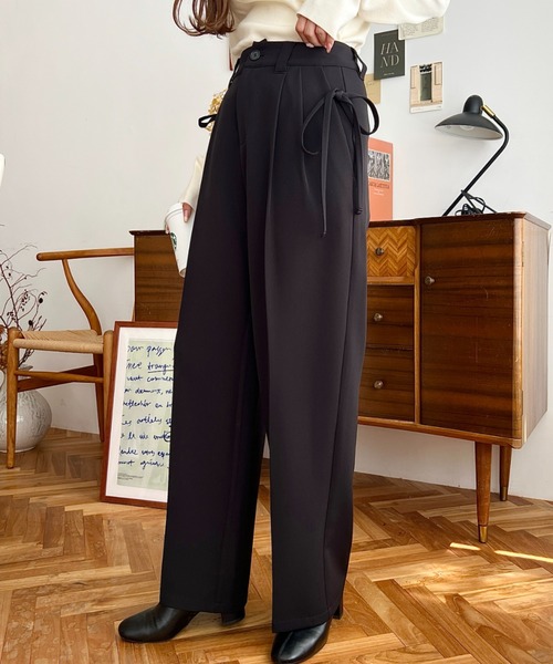 moment+ スラックス パンツ カットジョーゼットサイドリボンツータック