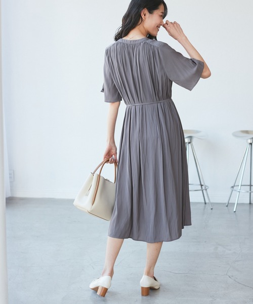 45R 洗える ロングワンピース 半袖 ピンタック プリーツ 日本製 グレー 2 ROPE' PICNIC（ロペ ピクニック） ワンピース 半袖 着丈選べる/接触冷