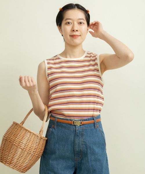 タンクトップ ノースリーブ マルチボーダーテレコ タンクトップ レディース