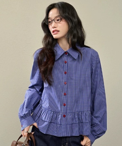 ブラウス シャツ STRIPE COMBINATION SHIRT レディース Achic ブラウス シャツ 青い格子縞＆白い無地ブラウス