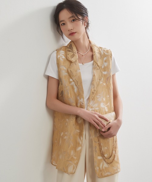 ベスト ジレ On One's Own 花柄オパール加工 軽やかシアーベスト レディース