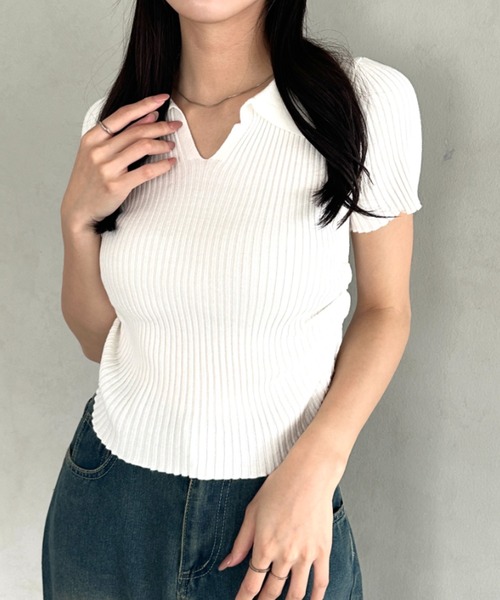 tシャツ 半袖 襟付きVネック半袖トップス ポロニット レディース