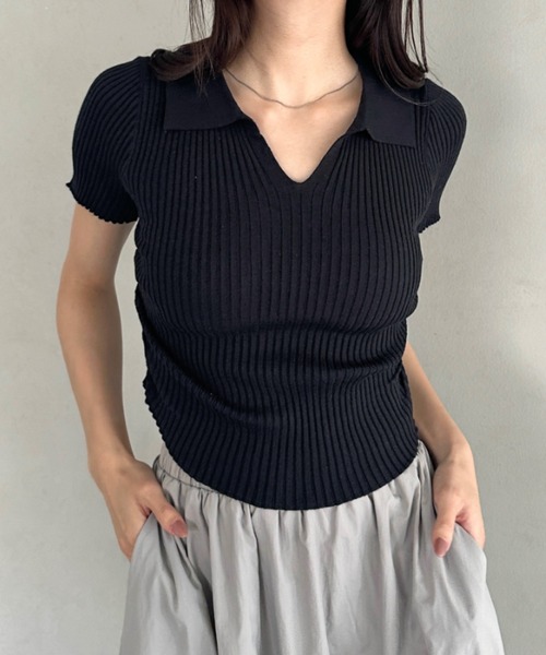 tシャツ 襟付きVネック半袖トップス ポロニット レディース : ZOZOTOWN
