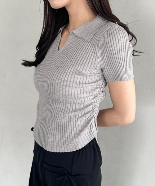 tシャツ 襟付きVネック半袖トップス ポロニット レディース