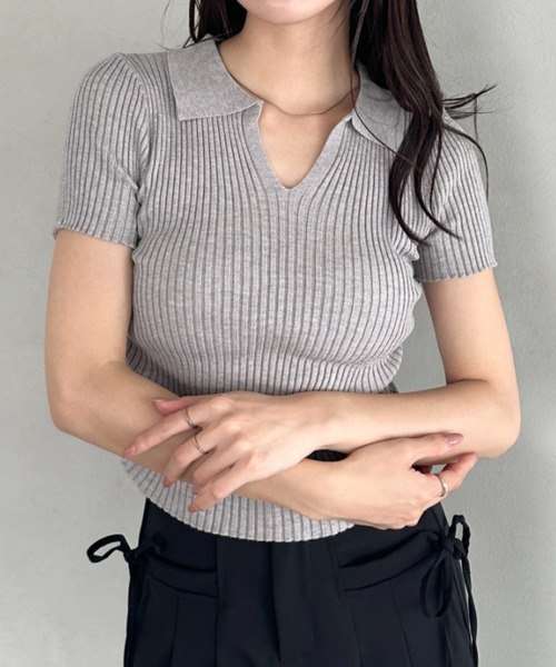 tシャツ 半袖 襟付きVネック半袖トップス ポロニット レディース