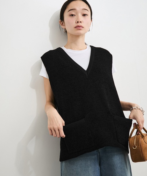 ベスト ジレ 「セットアップ対応」モール糸ダブルフェイスニットベスト レディース
