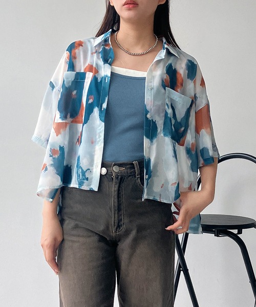 ブラウス シャツ ●ダブルポケット付き スリット入り シアー半袖シャツ レディース