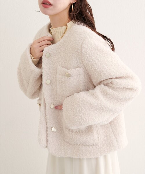 natural couture ジャケット ノーカラージャケット ラメリングボアノー