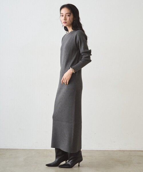 【Loungedress】シンプルリブニットワンピース　グレー　Ｌサイズ Loungedress（ラウンジドレス） ワンピース リブニットワンピース