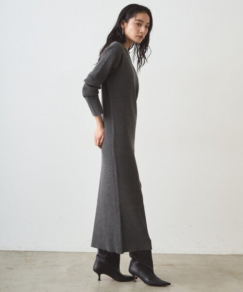 【Loungedress】シンプルリブニットワンピース　グレー　Ｌサイズ Loungedress（ラウンジドレス） ワンピース リブニットワンピース