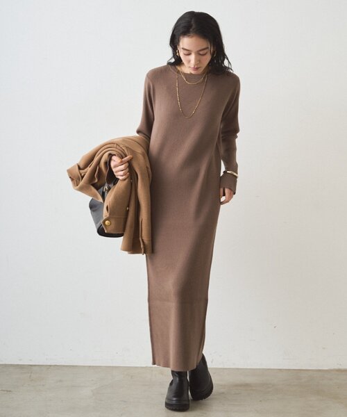 827 ラウンジドレス シンプルリブニットワンピース ロング 長袖 ニット L Loungedress（ラウンジドレス） ワンピース リブニットワンピース