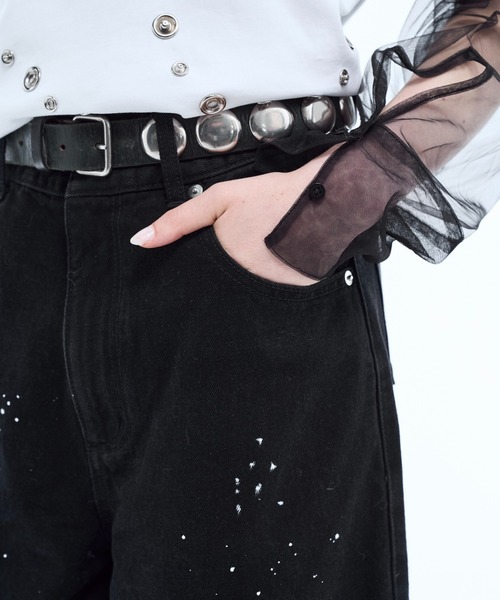 ジーンズ Hand paint wide buggy flare denim pants / ハンドペイント