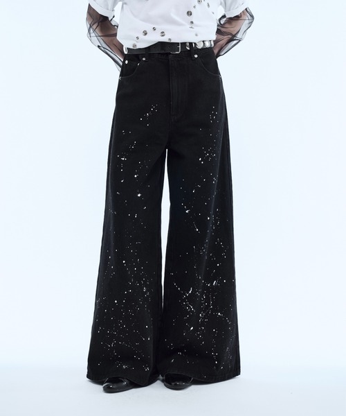 ジーンズ Hand paint wide buggy flare denim pants / ハンドペイント