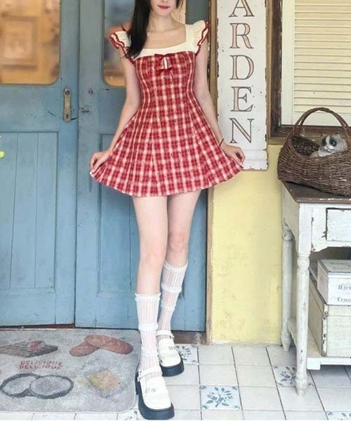 gossip!ロサンゼルス ワンピース レッドチェック ガーリー フリル