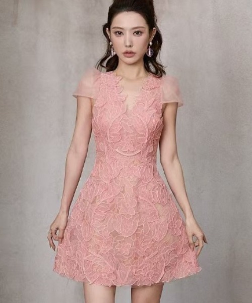 美品 シップス 洗える フレンチスリーブ リネンライクスラブワンピース ピンク Lana821 ワンピース 3D立体フラワーレース シアーミニドレス（フレンチ