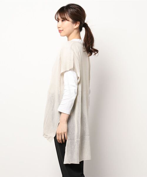 イエナ　ニット　ベスト ノーカラー アイボリー　ジレ STYLEBLOCK ベスト ジレ 麻タッチ透かし編みニットベスト
