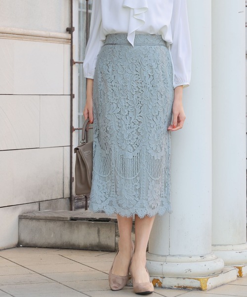 Flolia スカート 総レースタイトスカート オフィス ビジネス