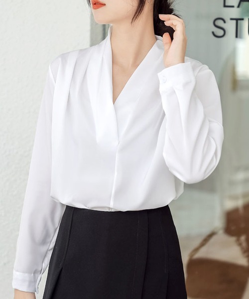 Dewlily ブラウス シャツ Vネックシンプル長袖シャツ レディース